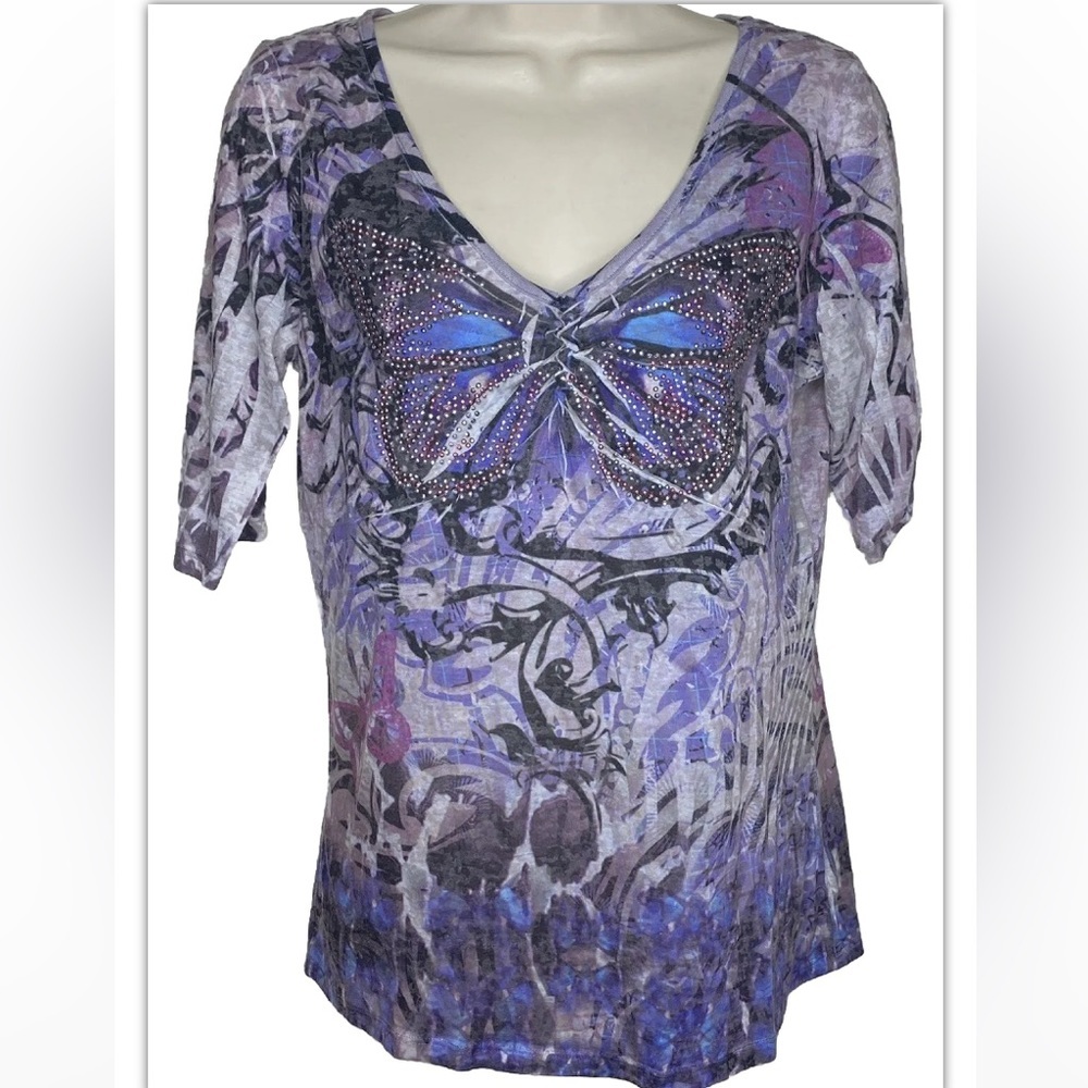 Apt. 9 Juniors Studded Butterfly Shirt Top M Multicolored 3/4 Sleeves V-Neck